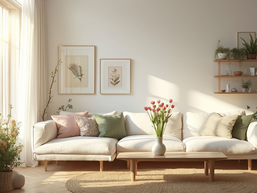 "Sunlit minimalist living room with cream sectional sofa, natural wood coffee table with pink tulips, botanical wall prints, and trailing potted plants on floating shelves"