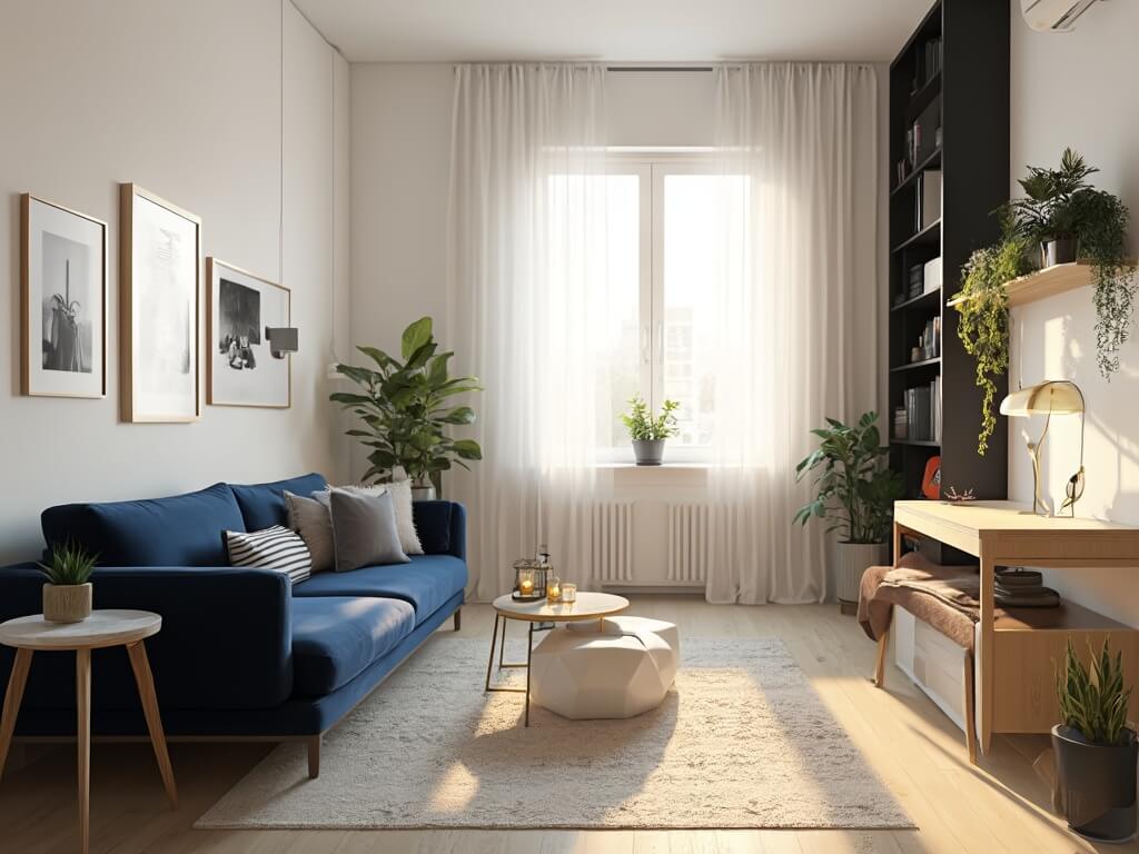 "Modern, well-lit 400 sq ft studio apartment featuring Scandinavian design, multifunctional furniture, and navy accents."