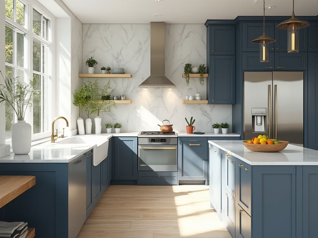 "Contemporary kitchen with blue-grey cabinets, white marble countertops, brushed brass hardware, and stainless steel appliances bathed in morning sunlight"