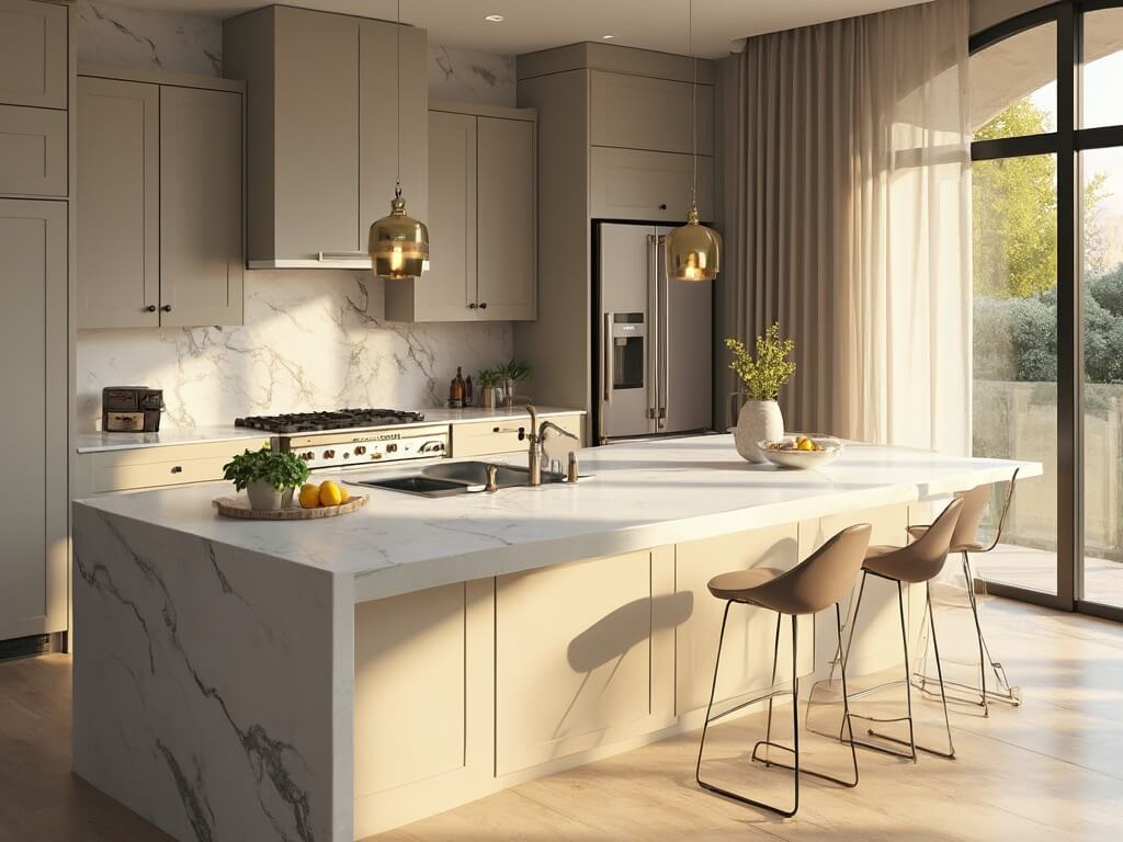 "Modern taupe kitchen illuminated by morning sunlight, featuring sleek cabinets, marble island, and professional stainless steel appliances"