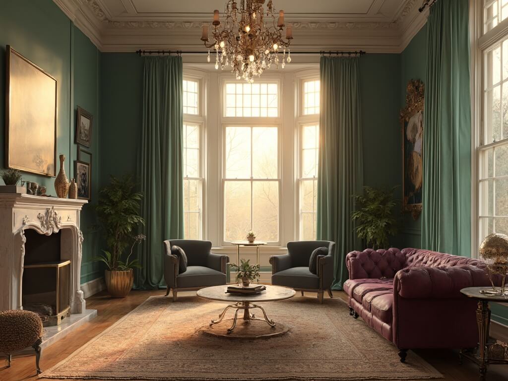"Victorian living room with modern furniture, high ceilings, bay windows, and golden hour sunlight"