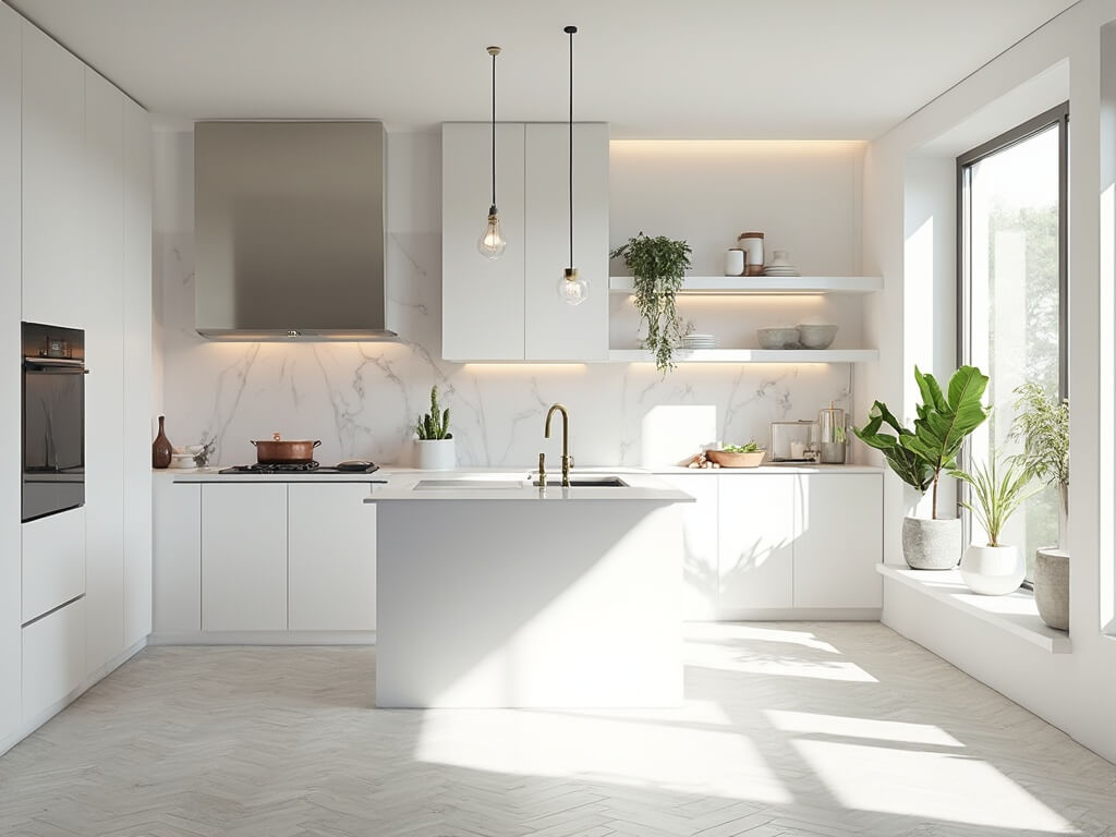 "Modern and minimalist white kitchen with sunlight streaming in, showcasing high-end appliances and quartz island"