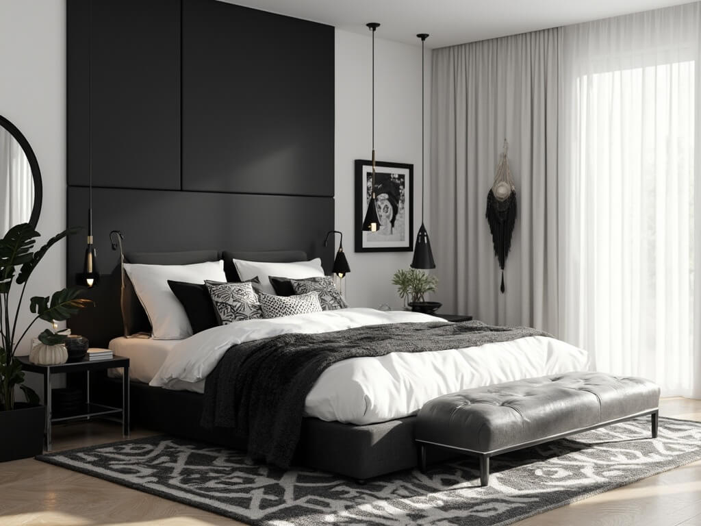 "Modern monochrome bedroom with geometric accent wall, king-size bed, and boho elements"