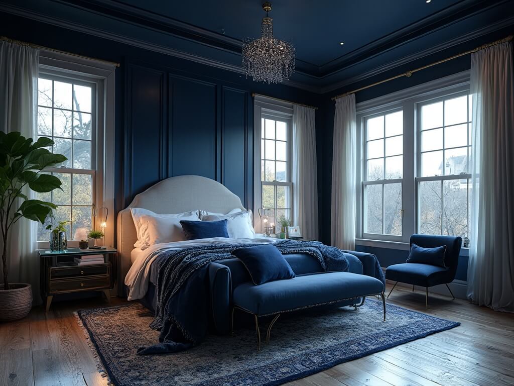 "Luxurious master bedroom with navy grasscloth walls, 12-foot tray ceiling, California king bed, vintage brass sconces, and crystal chandelier, featuring a mix of seagrass and Persian rugs and modern glass bedside tables."