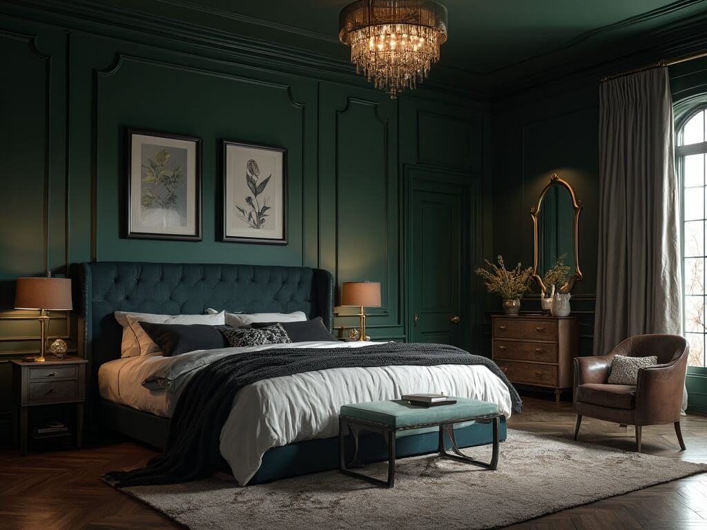 "Luxurious, moody master bedroom with forest green walls, midnight blue velvet headboard, vintage brass lamp, leather armchair, and botanical prints"