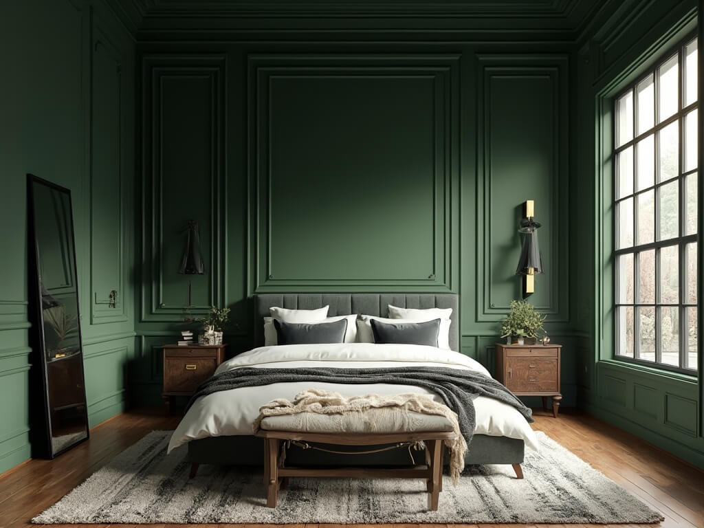 "Luxurious master bedroom with forest green walls, natural lighting, and opulent vintage decor in architectural digest style"