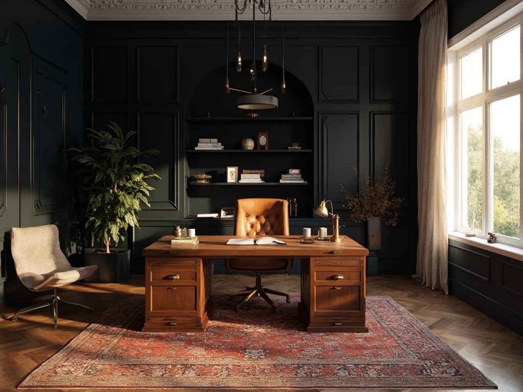 "Golden hour light illuminates a sophisticated home office with navy walls, walnut desk, cognac leather chair, brass decor and vintage books on black shelves, with a Persian rug and bouclé accent chair adding texture."