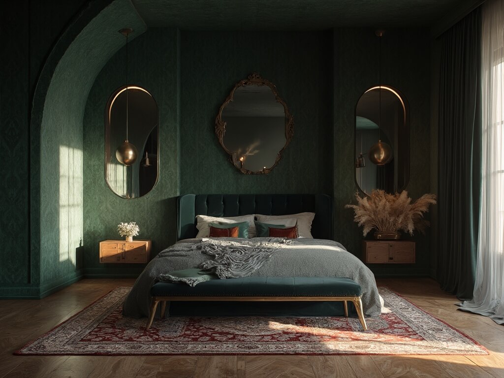 "Luxurious moody bedroom with dark palette, navy velvet tufted headboard, vintage Persian rugs, brass accents, and warm afternoon light"