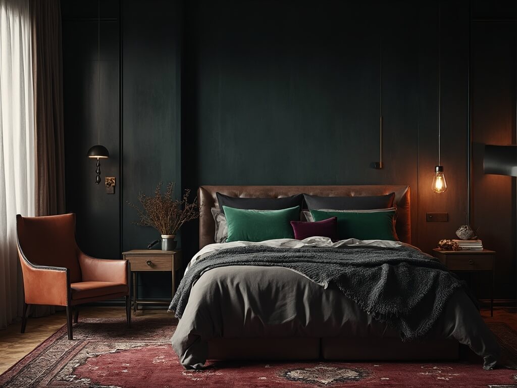 "Luxurious bedroom with navy grasscloth walls, layered bedding and vintage decor captured in a dramatic, professional interior photography style during golden hour"