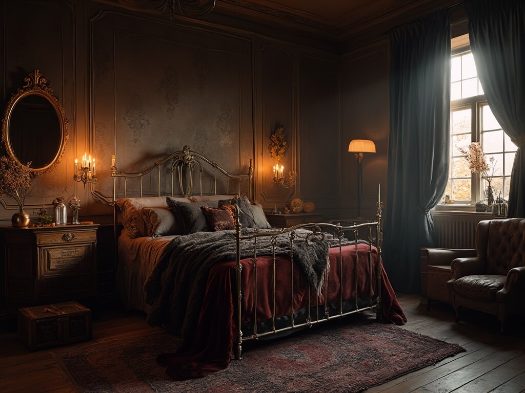 "Luxurious vintage bedroom with dramatic lighting, featuring a wrought-iron Victorian bed, brass candelabras on oak nightstands, dark damask patterned walls, velvet curtains and a leather wingback chair."