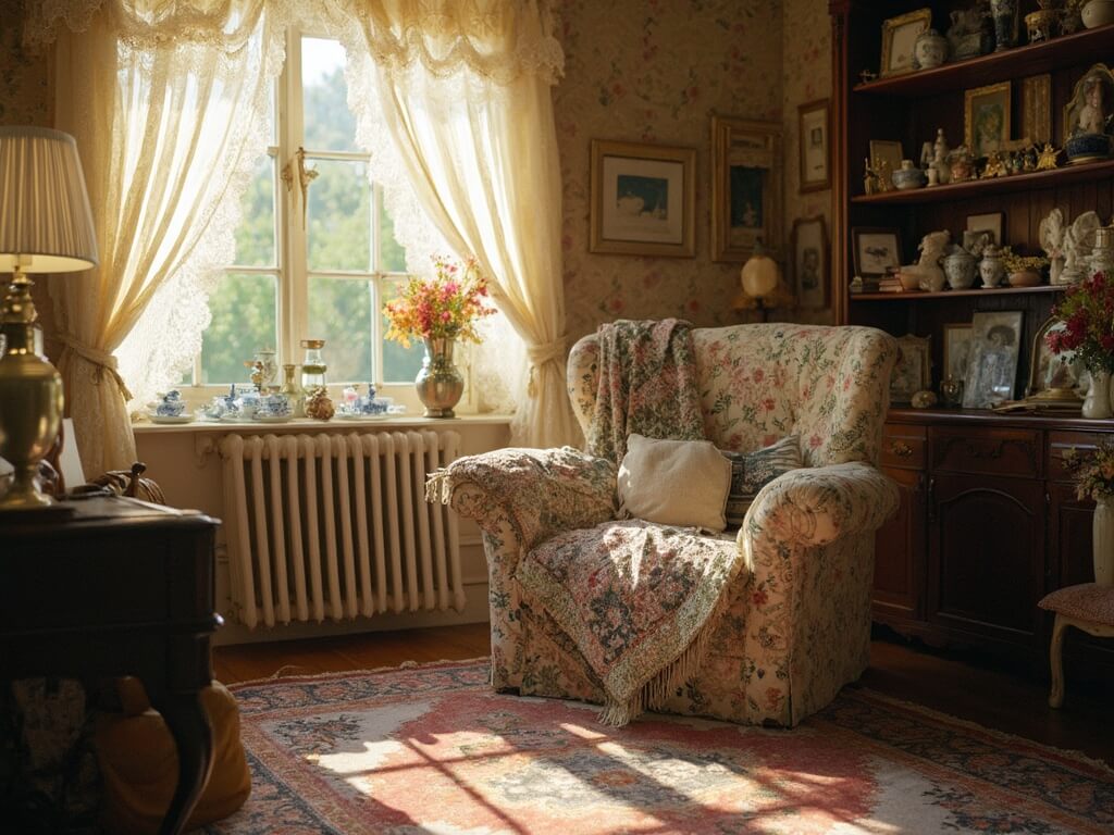 Vintage-inspired living room with floral armchair, Persian rug, antique side table with teacups, frames and lamp, bookshelf with porcelain figurines, and wallpaper with botanical prints.