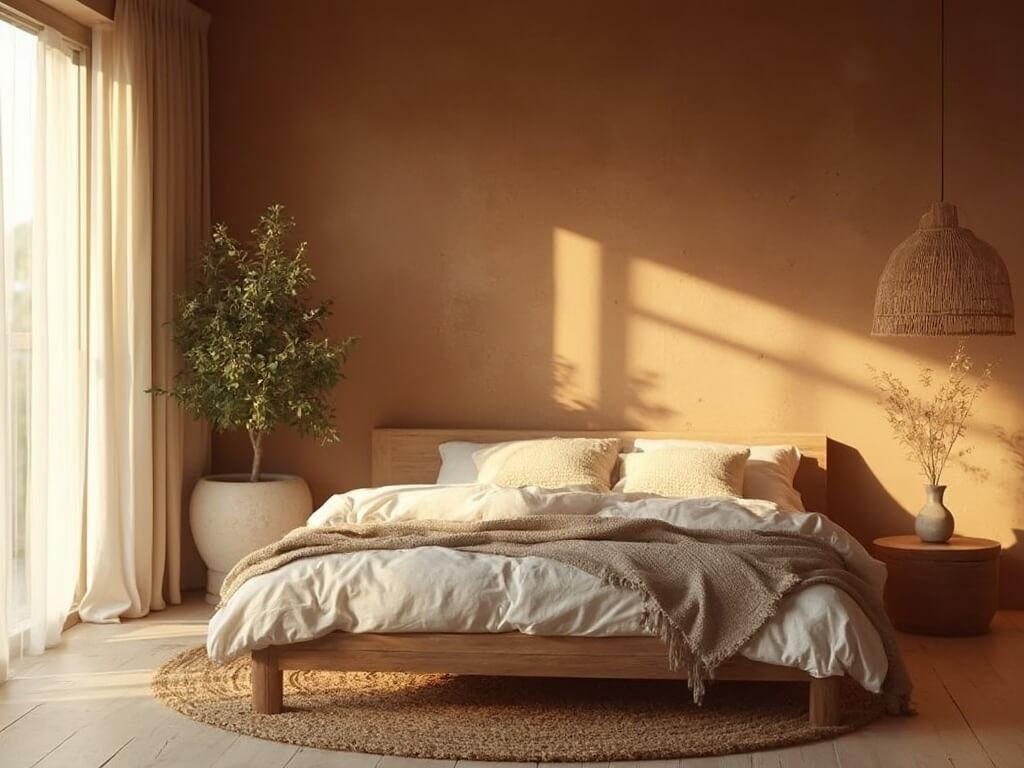 "Serene bedroom with warm sunlight, minimalist oak bed, organic cotton bedding, potted olive tree, vintage rattang pendant light, and natural jute rug, captured in architectural photography style with Canon EOS R5."