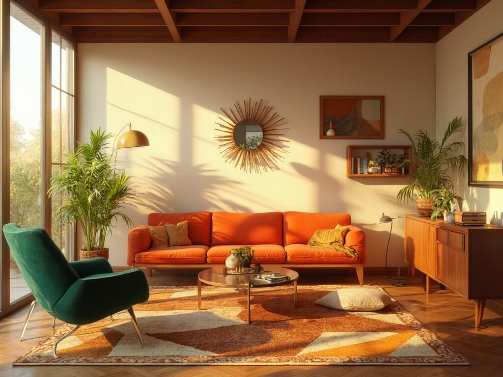 "Sunlit mid-century modern living room with orange velvet sofa, emerald green egg chair, and vintage decor during golden hour"