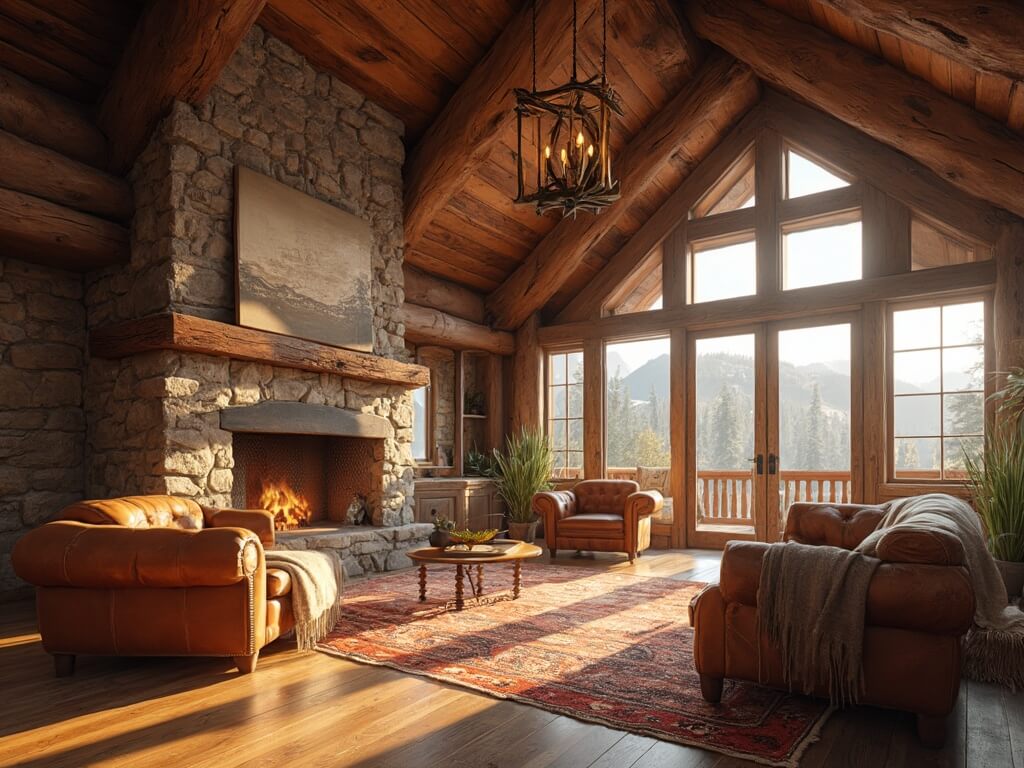 "Rustic log cabin great room with exposed timber beams, stone fireplace, leather furniture, Navajo rugs, antler chandelier, and mountain view through large windows at sunset"