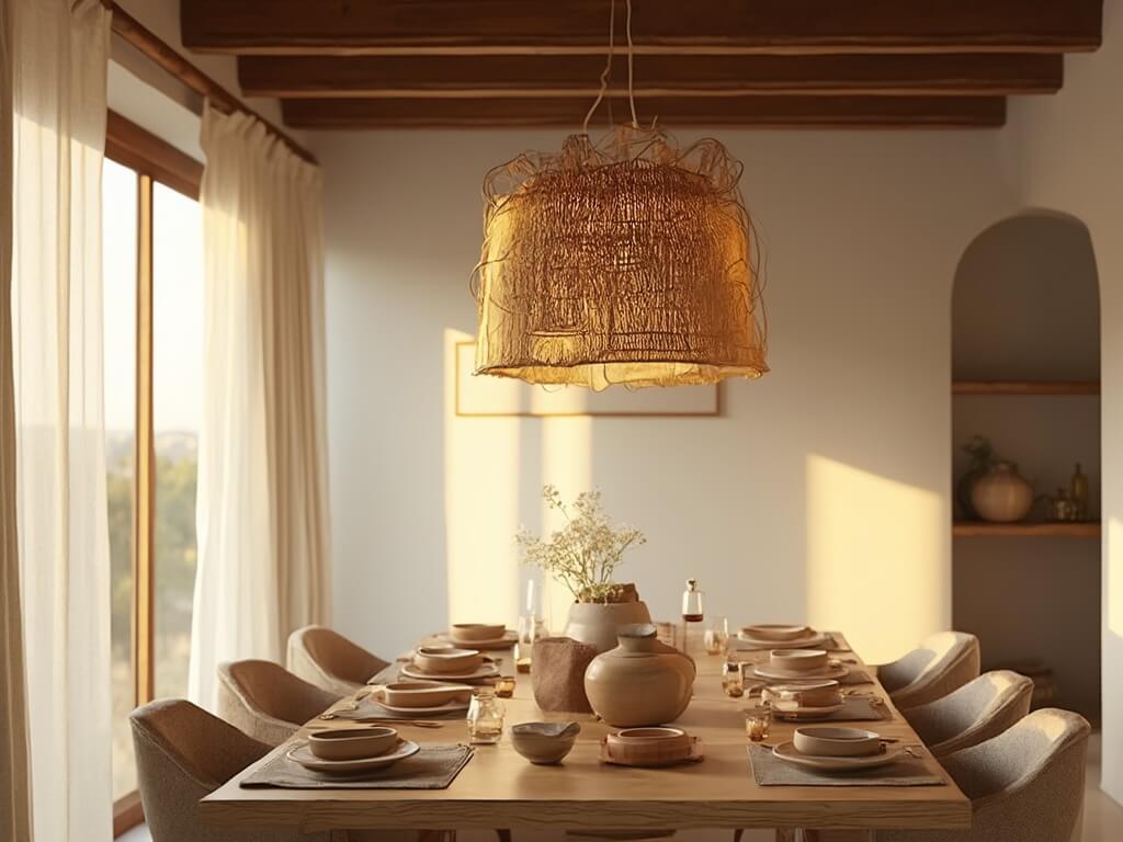 "Rustic dining room at golden hour featuring a Wabi Sabi pendant light, oak table, and earth-toned ceramics"