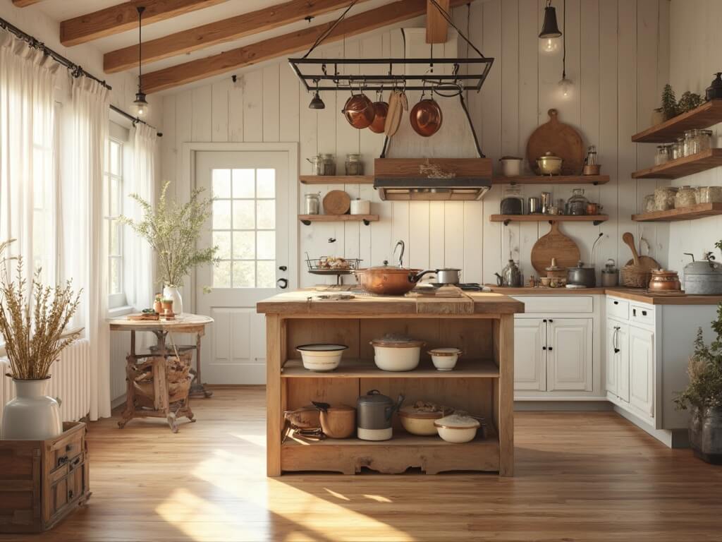 "Rustic farmhouse kitchen with sunlit white shiplap walls, honey-toned oak floors, weathered teak island, hanging vintage copper pots, wooden accessories, and industrial touch accents."