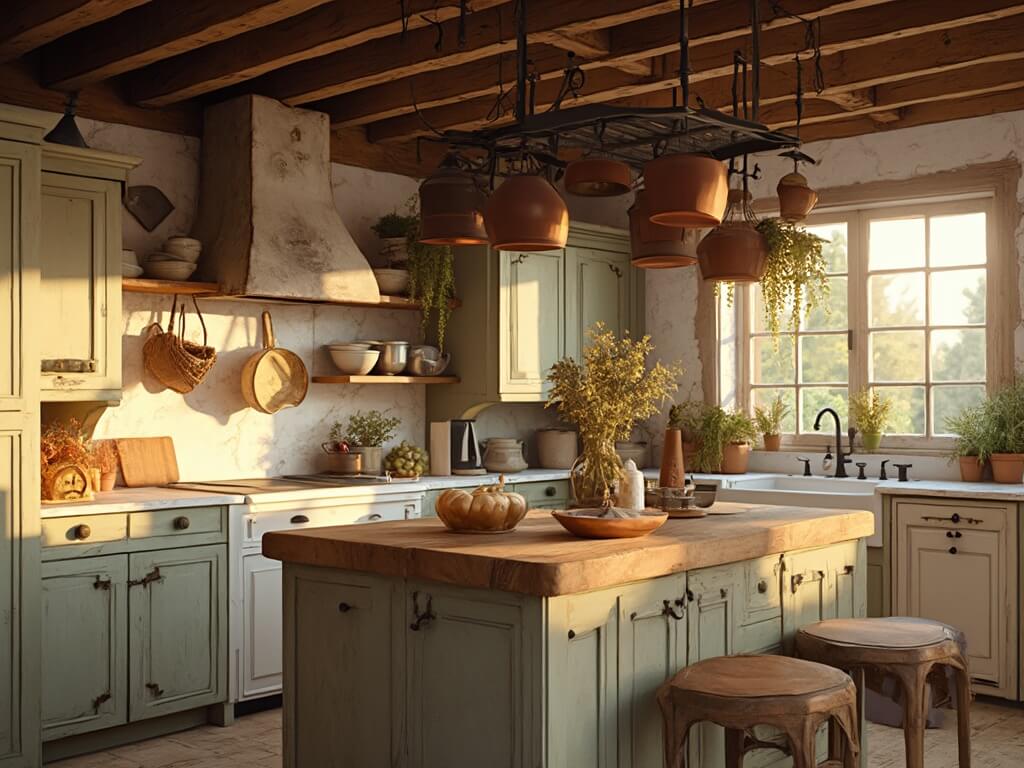 "Rustic farmhouse kitchen bathed in golden sunlight, featuring distressed oak cabinets, marble countertops, and vintage cookware."