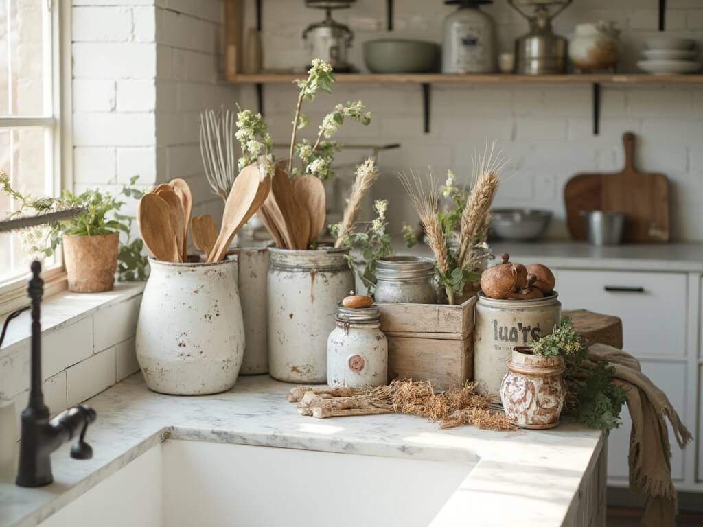 "Vintage farmhouse kitchen with mason jars, antique utensils, eucalyptus sprigs and wheat stems, with soft natural light pouring in through the window"