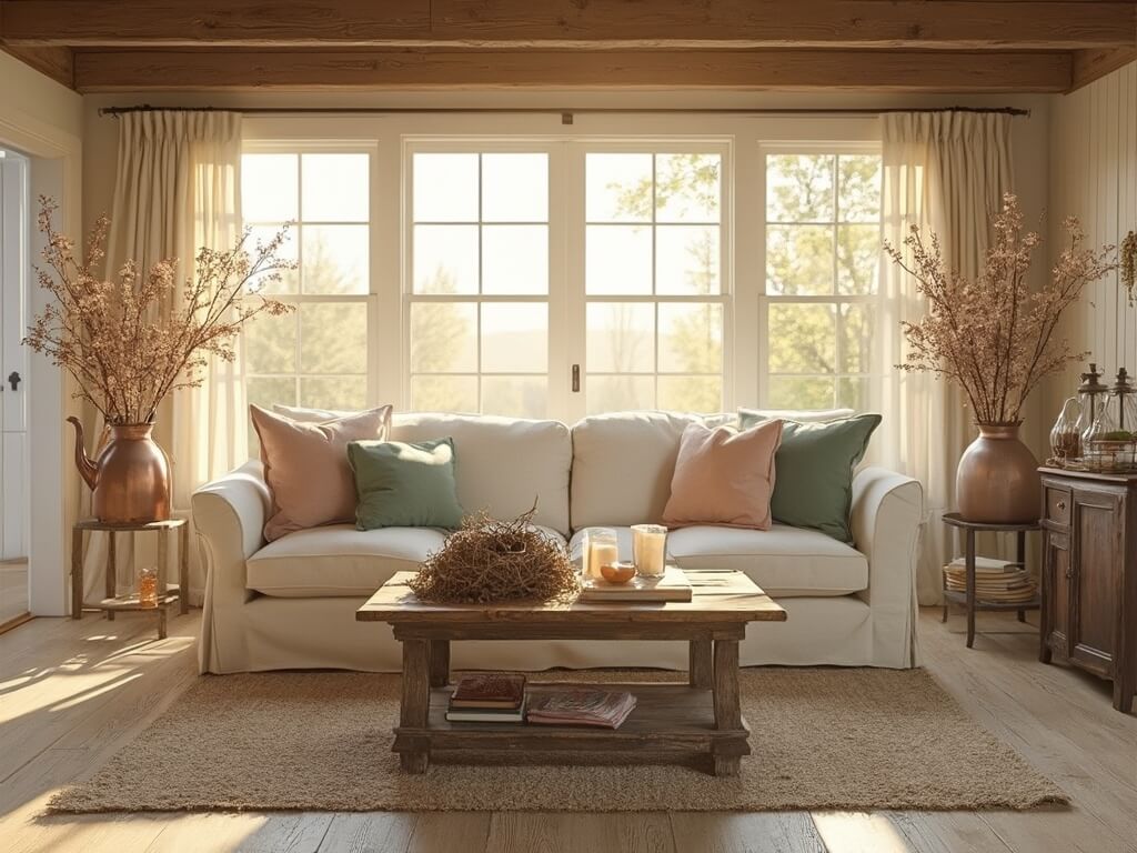 "Rustic farmhouse living room in golden hour sunlight with white oak floors, linen sofa, antique wooden coffee table, and fresh wildflowers"