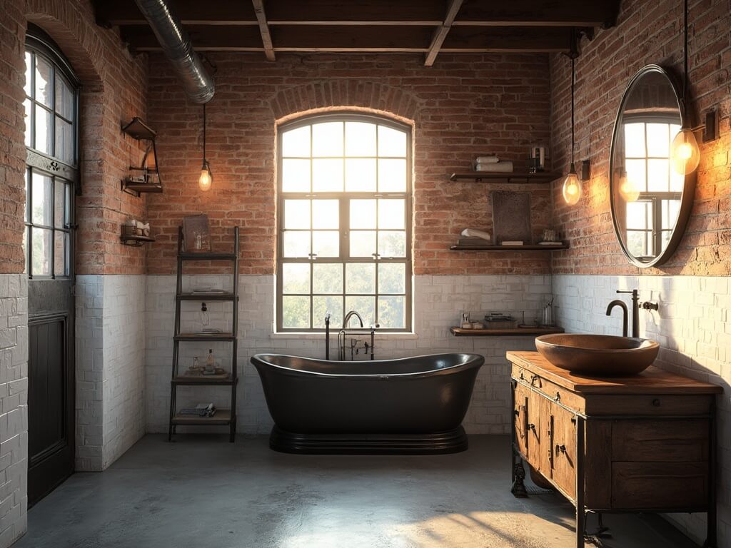 "Industrial-chic bathroom with freestanding cast-iron tub, oak vanity, and Edison bulb lighting"