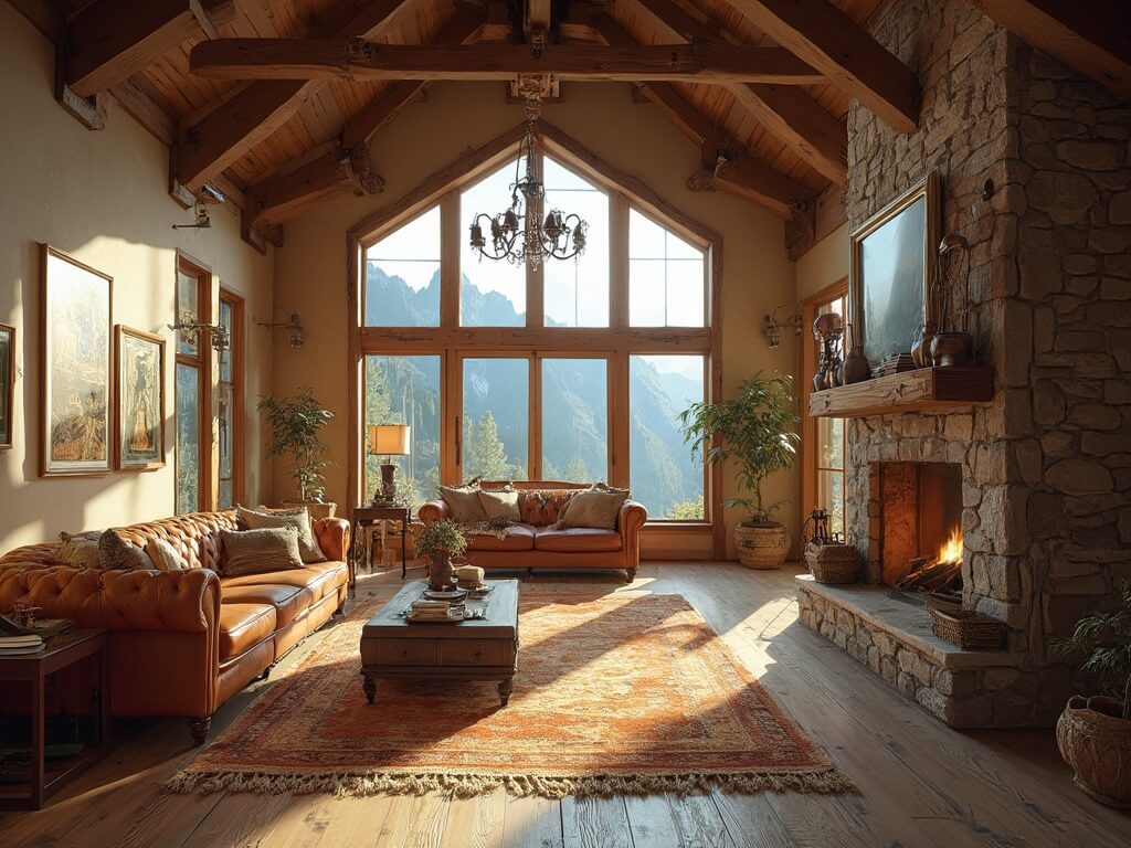 "Rustic mountain lodge great room with cathedral ceilings, leather furniture, stone fireplace, and wide plank flooring during golden hour"
