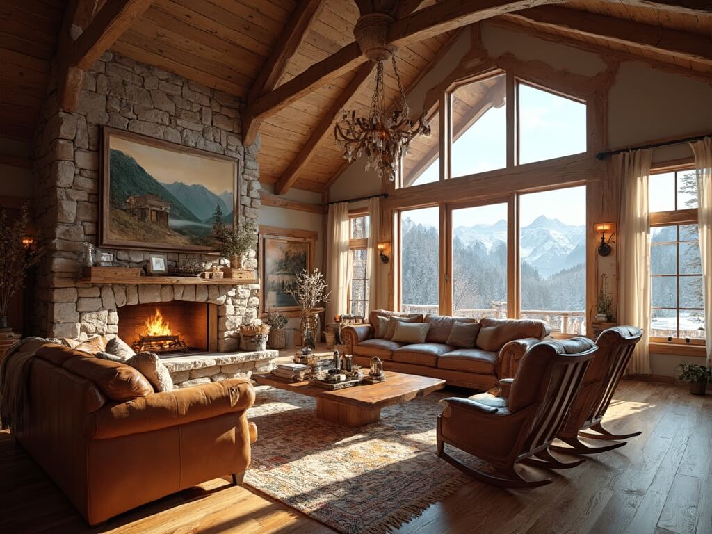 "Rustic grand cabin living room with cathedral ceiling, stone fireplace, vintage rugs, leather sofa and wooden furnishings at golden hour."