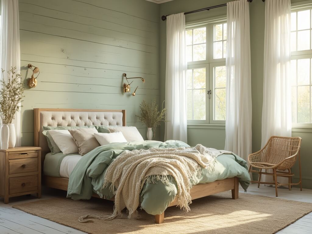 "Sage green farmhouse bedroom with morning light filtering through linen curtains"