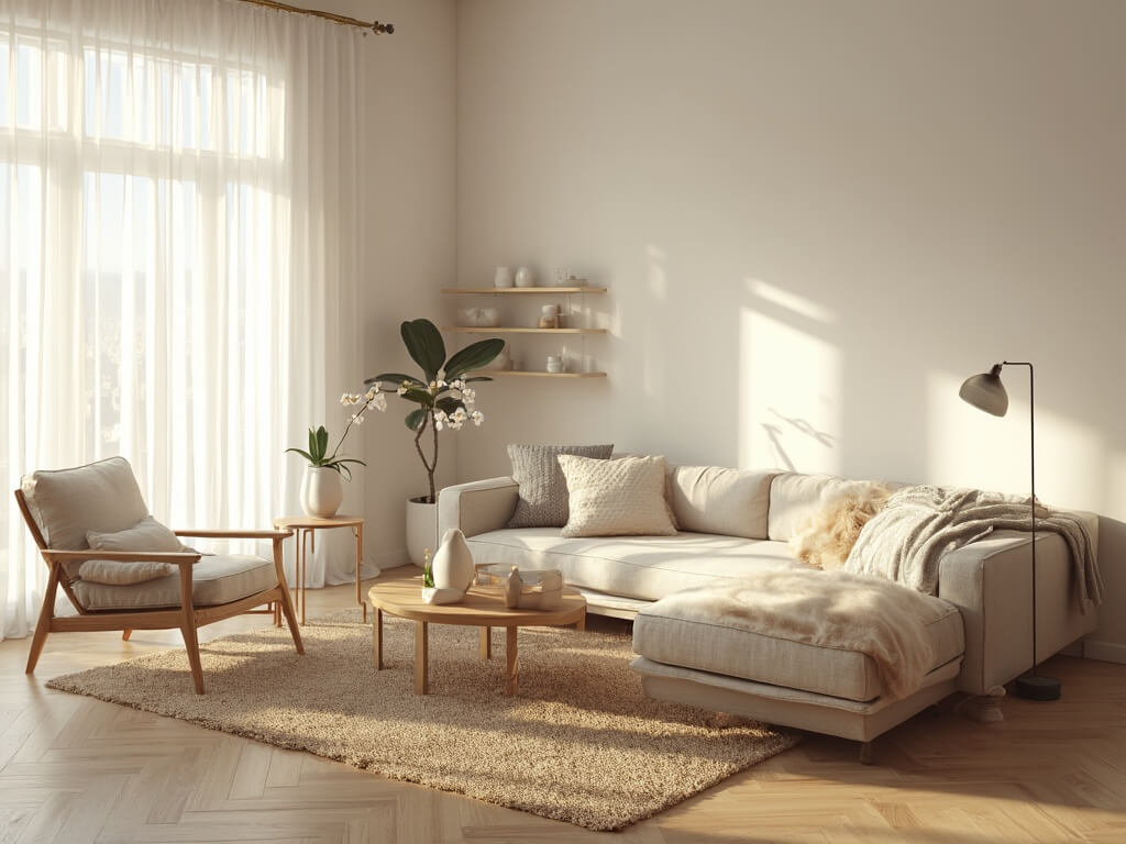 "Scandinavian minimalist living room bathed in golden hour light with a focus on natural materials and textures, architectural details highlighted by long shadows."