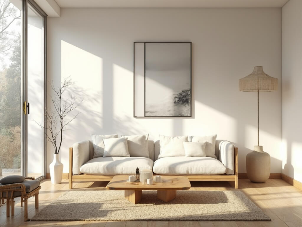 "Scandinavian-Zen style living room with morning light, oak sofa, wooden coffee table, and minimalist decor in architectural photography style"