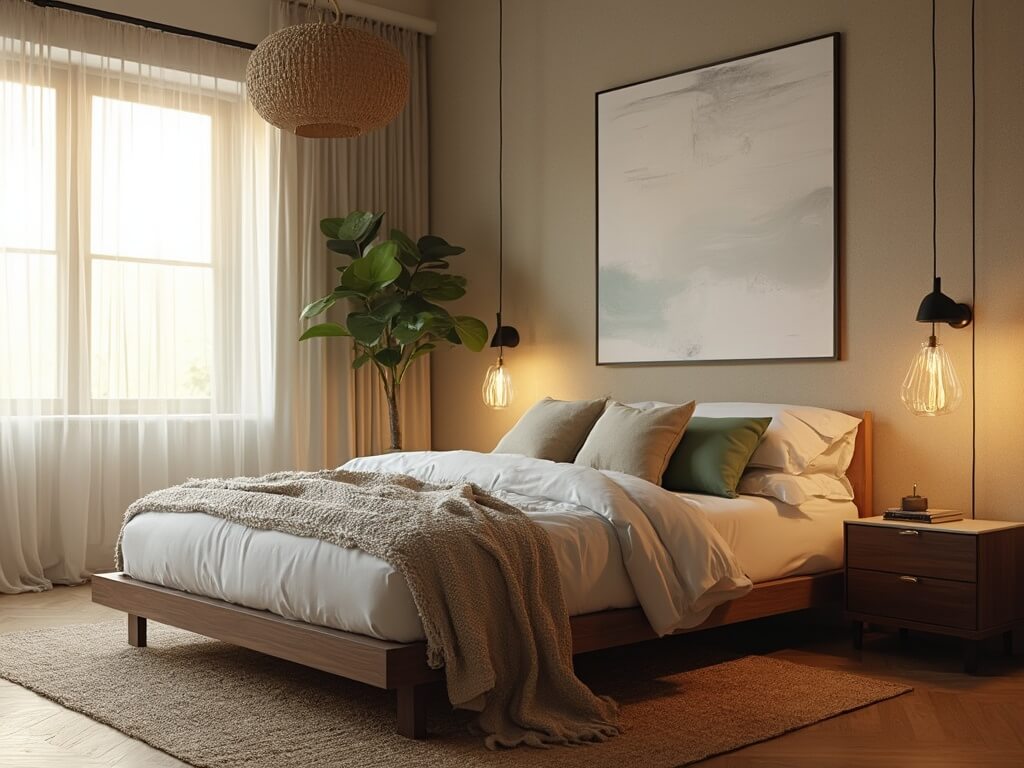 "Serene adult bedroom with walnut platform bed, white linen bedding, sage and oatmeal pillows, and carefully curated modern minimal accessories at golden hour"