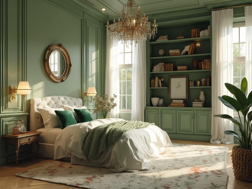 "Serene green master bedroom with king-size bed, Art Deco mirrors, crystal chandelier, and morning light illuminating from large windows"