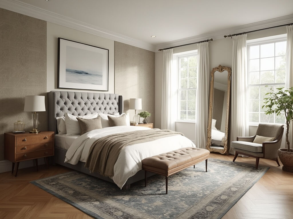"Luxurious transitional bedroom with king-sized bed, walnut nightstands, Persian rug, and floor-to-ceiling windows"
