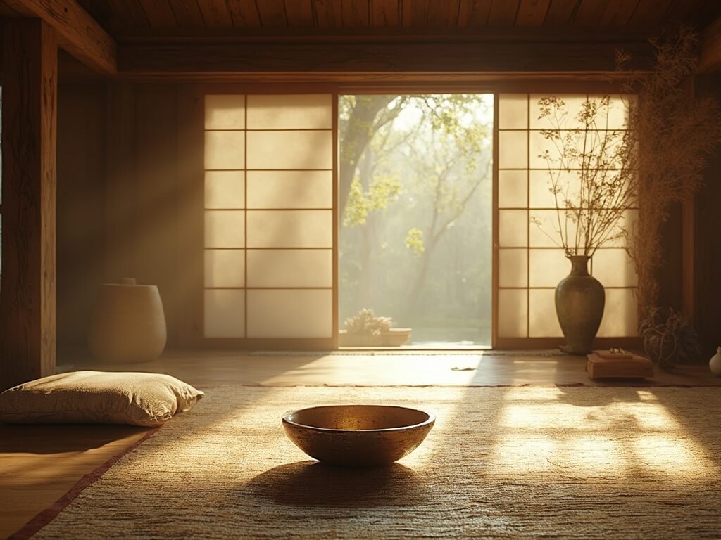 "Warmly lit, serene Japanese meditation space with visible wear on tatami mat, kintsugi ceramic vessel, aged copper incense holder, and vintage linen cushion, embodying wabi-sabi aesthetic."