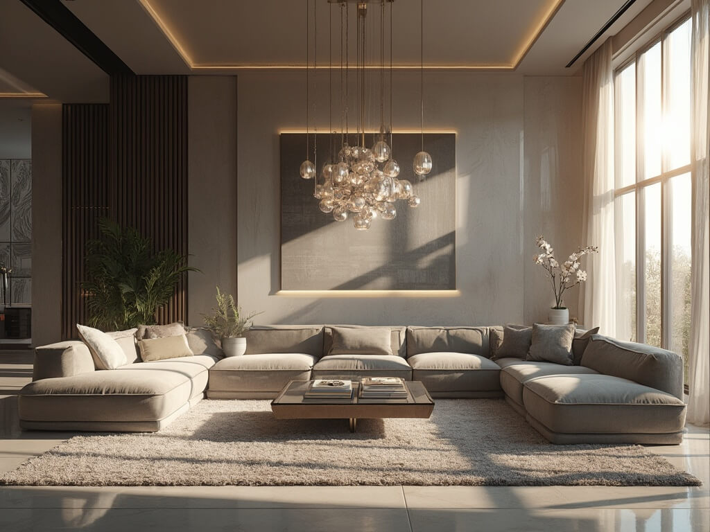 "Luxurious monochromatic living room in warm gray tones with high-end finishes, golden hour lighting, and a variety of textures and materials, captured in a professional high-resolution photograph"