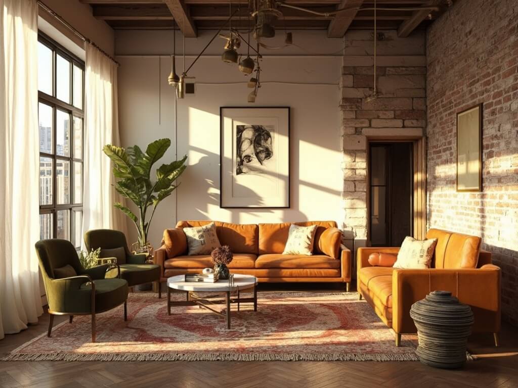 "Sunlit vintage-modern living room with mid-century decor and high ceilings"
