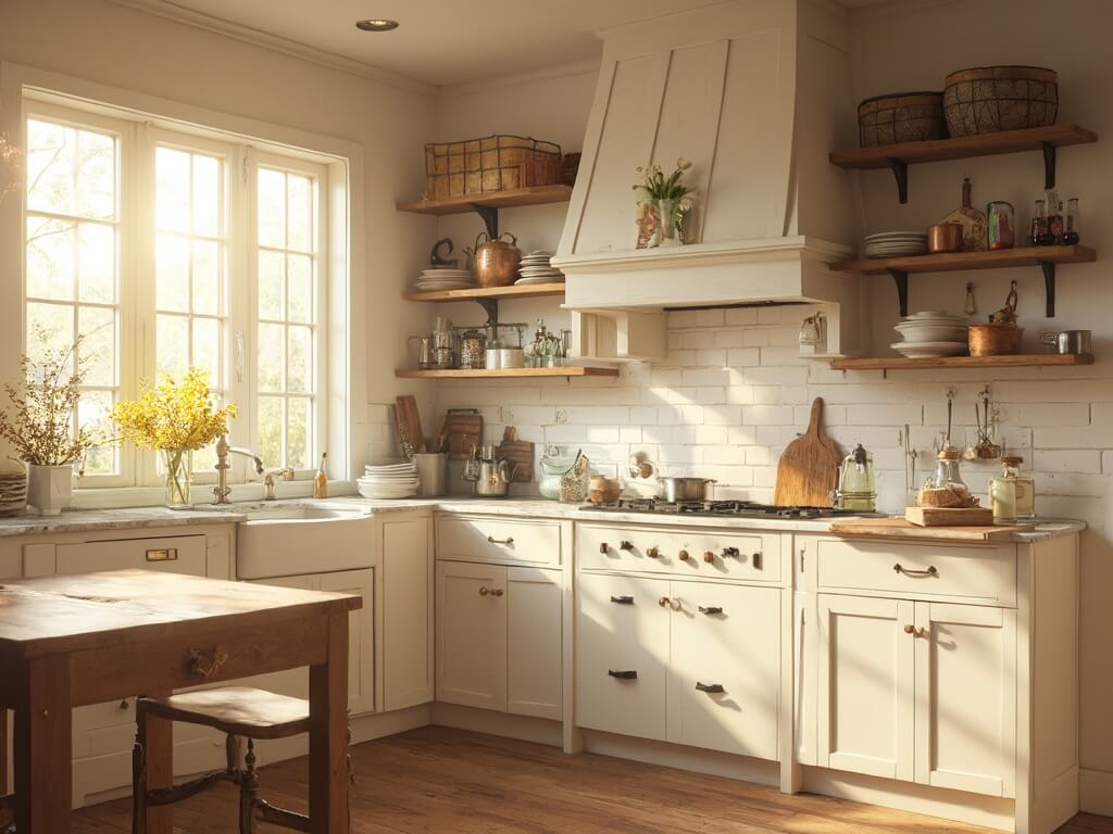 "Sunlit farmhouse kitchen with Shaker cabinets, reclaimed oak island, and vintage decor, bathed in golden natural light"