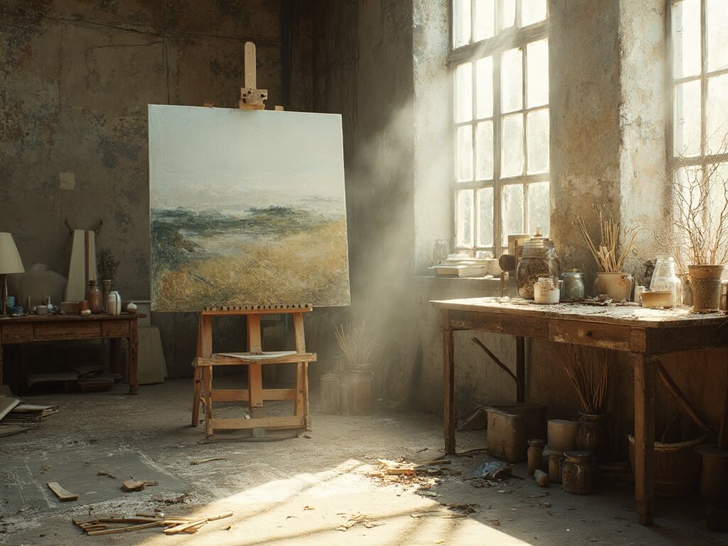 "Sunlit artist's studio with wabi-sabi landscape painting on wooden easel, distressed concrete floor, vintage work table with natural materials, mason jars of brushes, and raw linen canvases against exposed brick walls in soft, earthy tones."