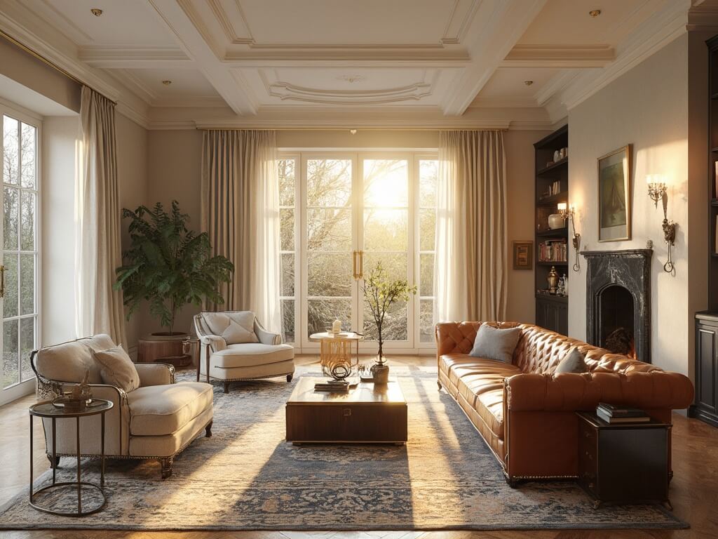 "Sophisticated sunlit living room with high ceiling, vintage furnishings, and built-in bookshelves during golden hour"