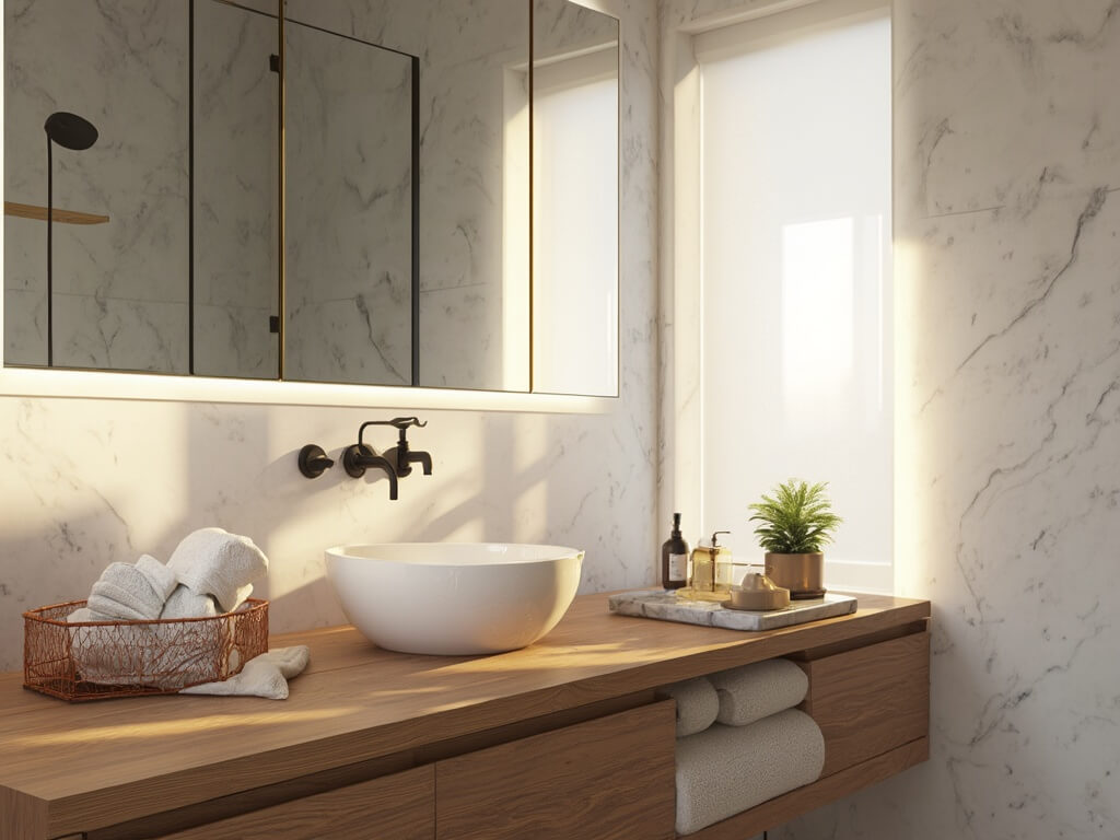 "Small luxurious bathroom with modern oak vanity, white marble tiles, and styled accessories, in cinematic lighting"