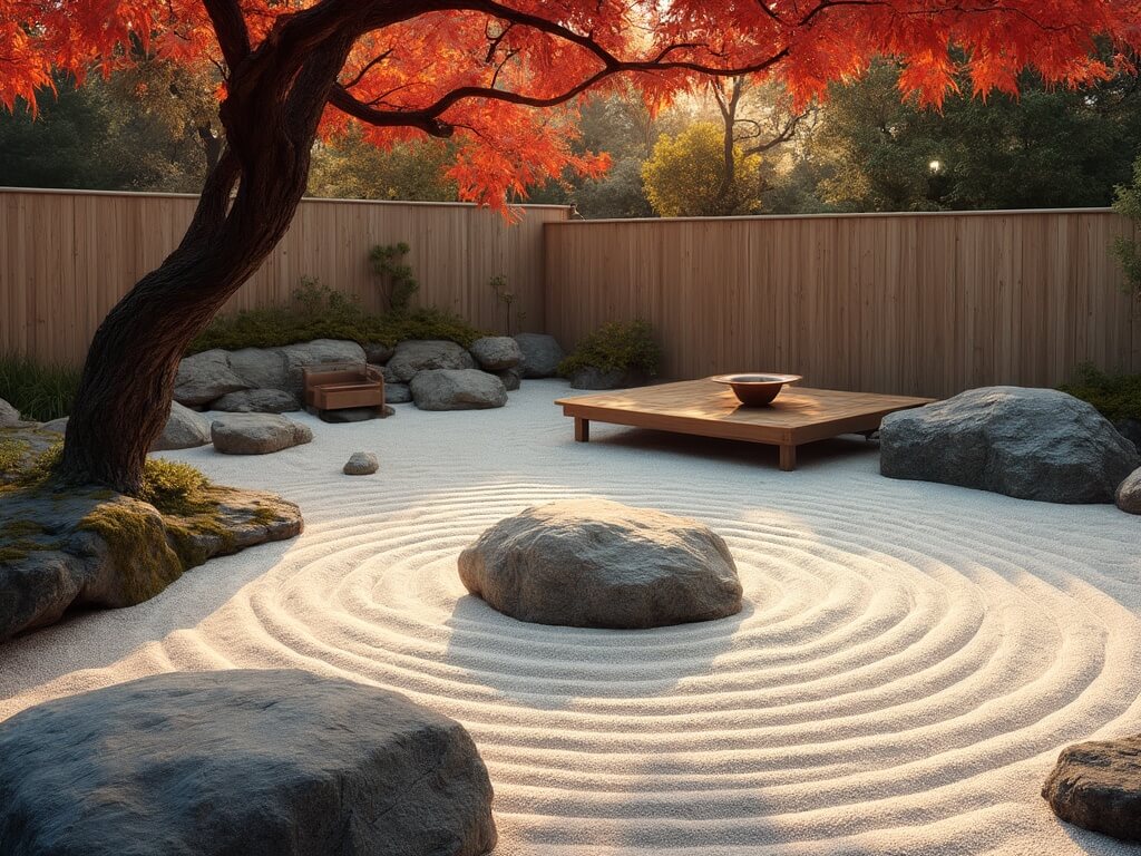 "Japanese zen garden at golden hour with raked quartz circles around granite boulders, a wooden meditation platform under a vibrant red maple tree, and a stone path leading to a copper water basin"