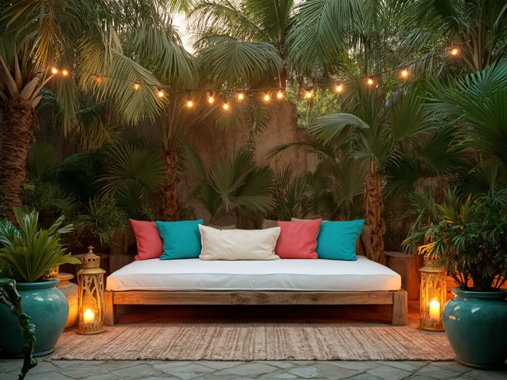 "Luxurious tropical backyard at sunset with weathered teak daybed, vibrant throw pillows, antique lanterns, ceramic planters, and stone water feature, under a canopy of mature palm trees and monstera deliciosa, with string lights and atmospheric haze creating a dreamy ambiance."