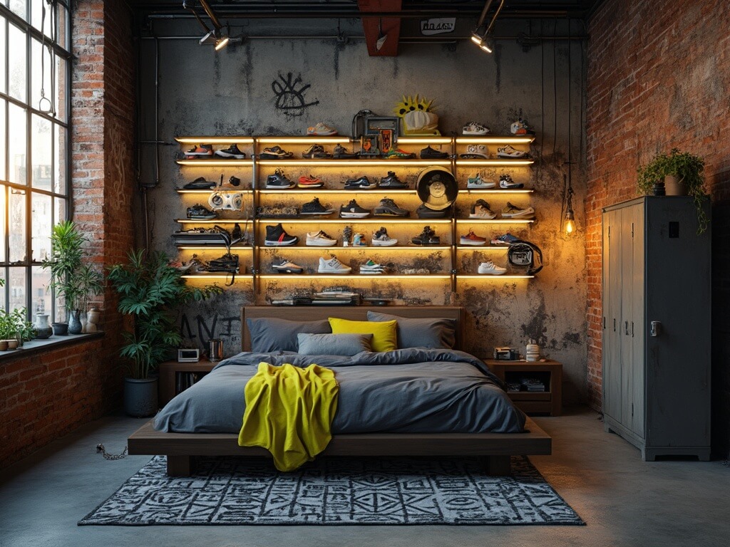 "Urban industrial styled bedroom with graffiti mural, sneaker display, and vintage features, bathed in atmospheric golden hour lighting."