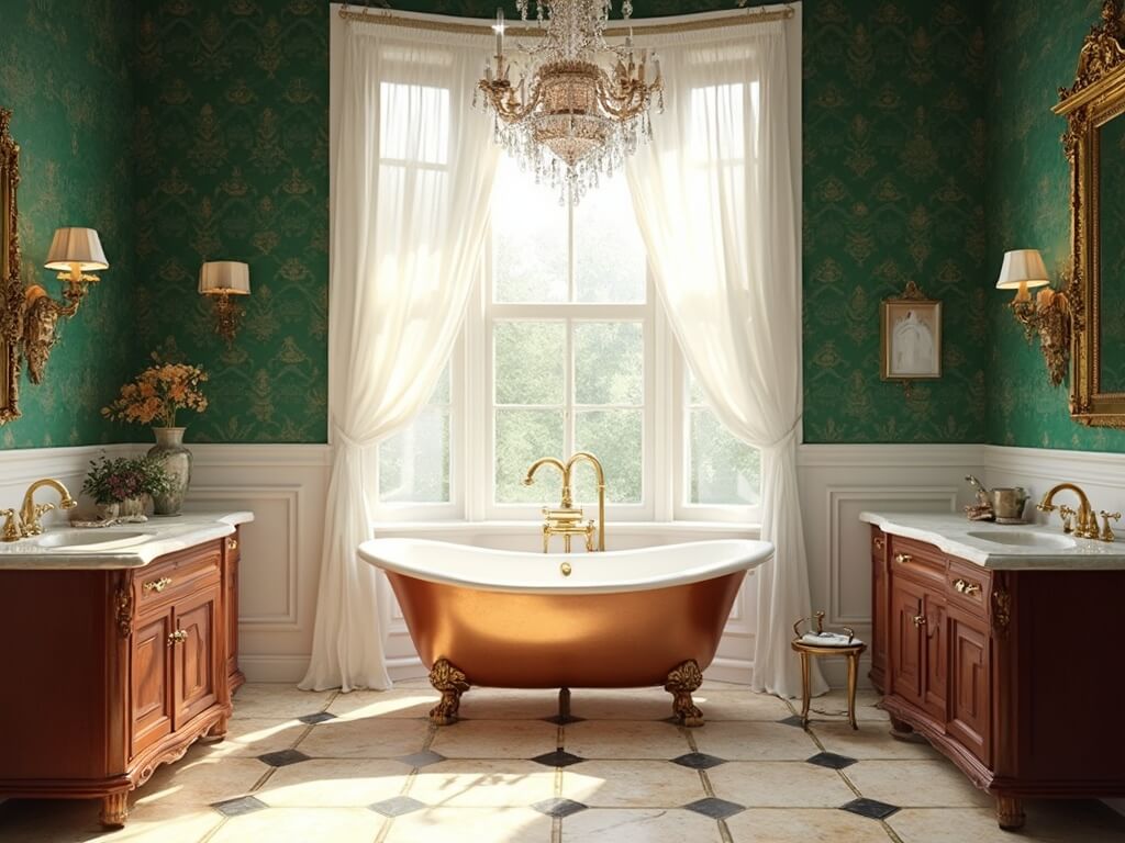 "Victorian bathroom with copper clawfoot tub, emerald green damask wallpaper, mahogany vanity, crystal chandelier, and vintage brass fixtures."