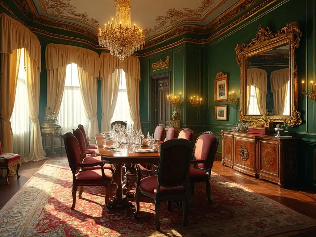 "Victorian dining room with rich emerald walls, mahogany table, Chippendale chairs, crystal chandelier, porcelain cabinet, Persian carpet, and Georgian windows in golden hour lighting"