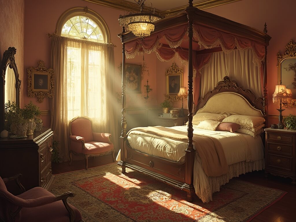 "Victorian-era bedroom in warm golden hour light with four-poster mahogany bed, antique dresser, Persian rug, crystal chandelier and ornate mirrors"