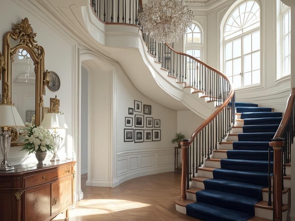 "Grand Victorian staircase entryway with natural morning light, vintage mirrors and family photos, antique mahogany console table with crystal lamp and hydrangeas, and ornate balusters"
