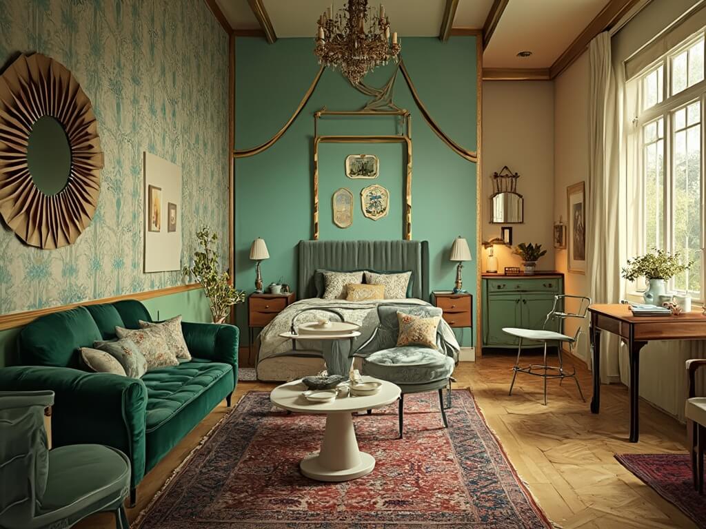"Collage of photorealistic vintage interior designs includes art deco parlor, mid-century modern space, shabby chic bedroom, 1950s kitchen, and moody bohemian corner"