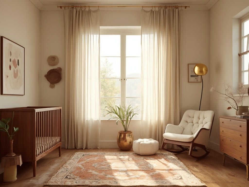 "Mid-century modern style nursery with sunlit windows, vintage Persian rug, walnut crib, and minimalist decor during golden hour"