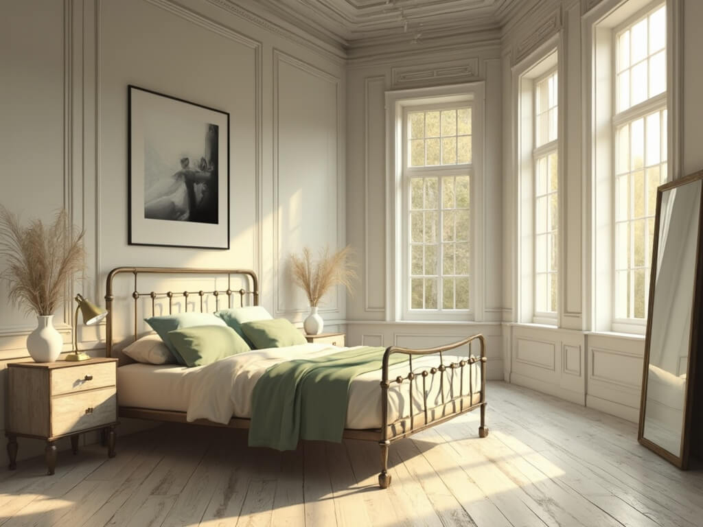 "Vintage-minimalist bedroom with golden morning light, wrought iron bed, gray walls, antique floor mirror, and weathered oak nightstands"