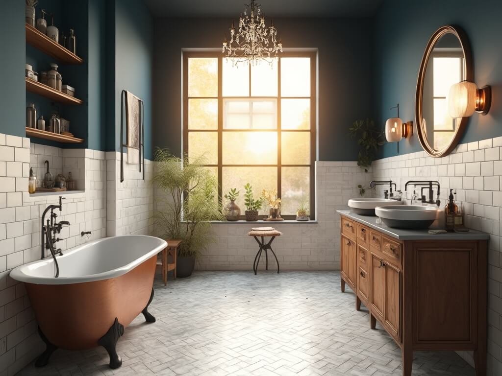 "Luxurious vintage-modern bathroom bathed in golden hour light, featuring a copper clawfoot tub, herringbone marble floor, antique oak vanity, and deep teal walls with white subway tile wainscoting"